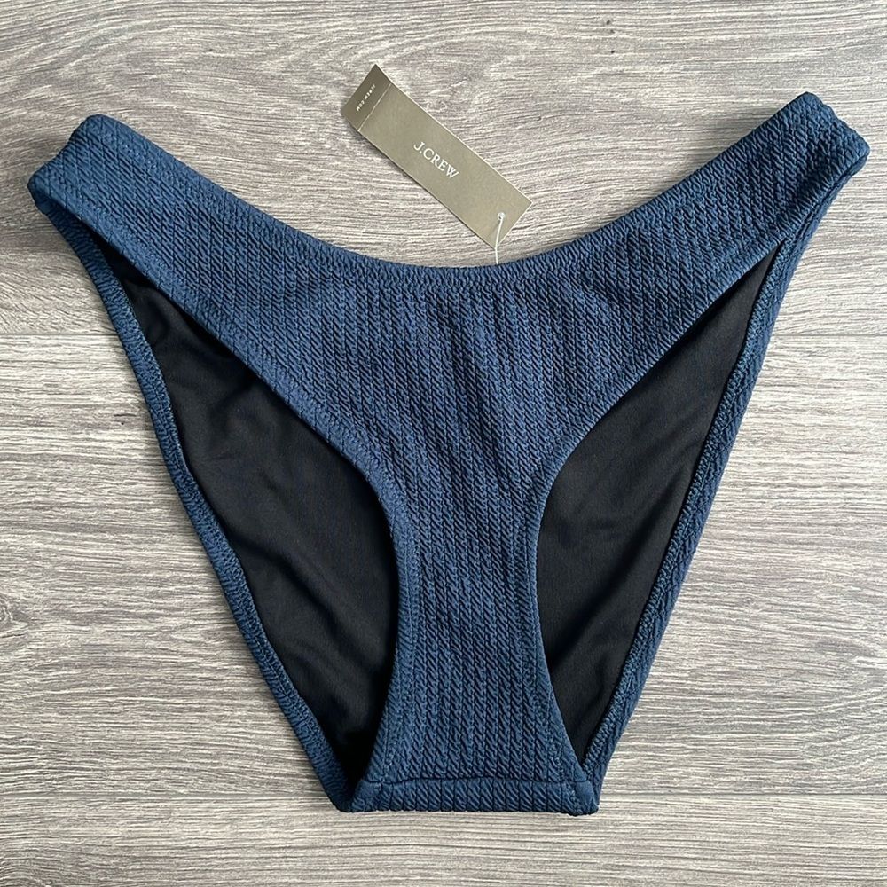 J.CREW Textured Cheeky Bikini Bottom Small Midnight Blue Curved Waist High Cut